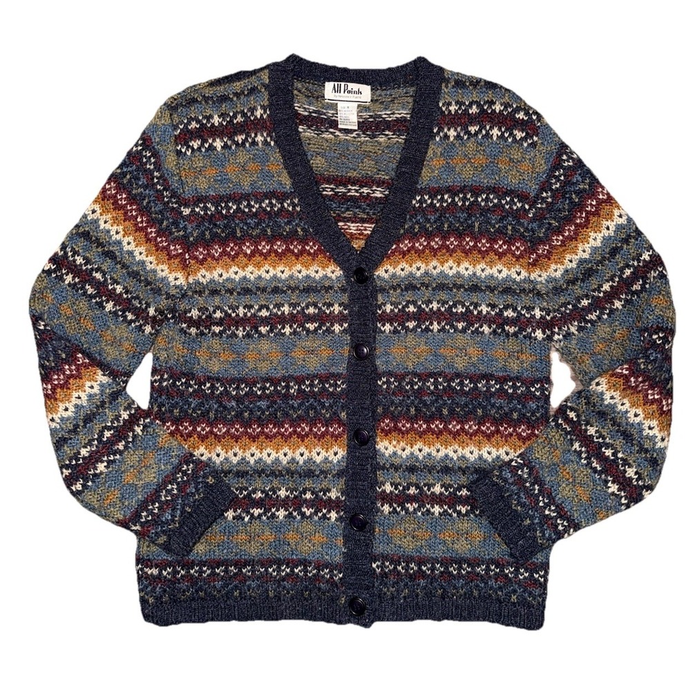 All Points Woven Knit Cool Design Wool Blend Cardigan Womens Sz Med VTG 1980s